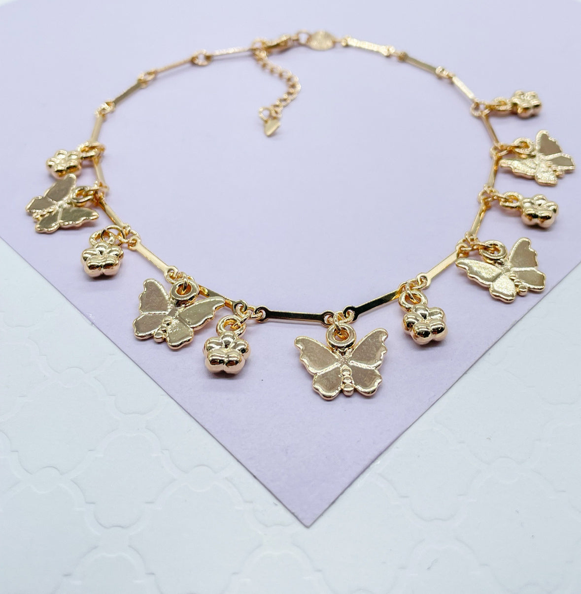 18k Gold Filled Dainty Link Ankle With Butterfly and Four Leaf Clover Charms