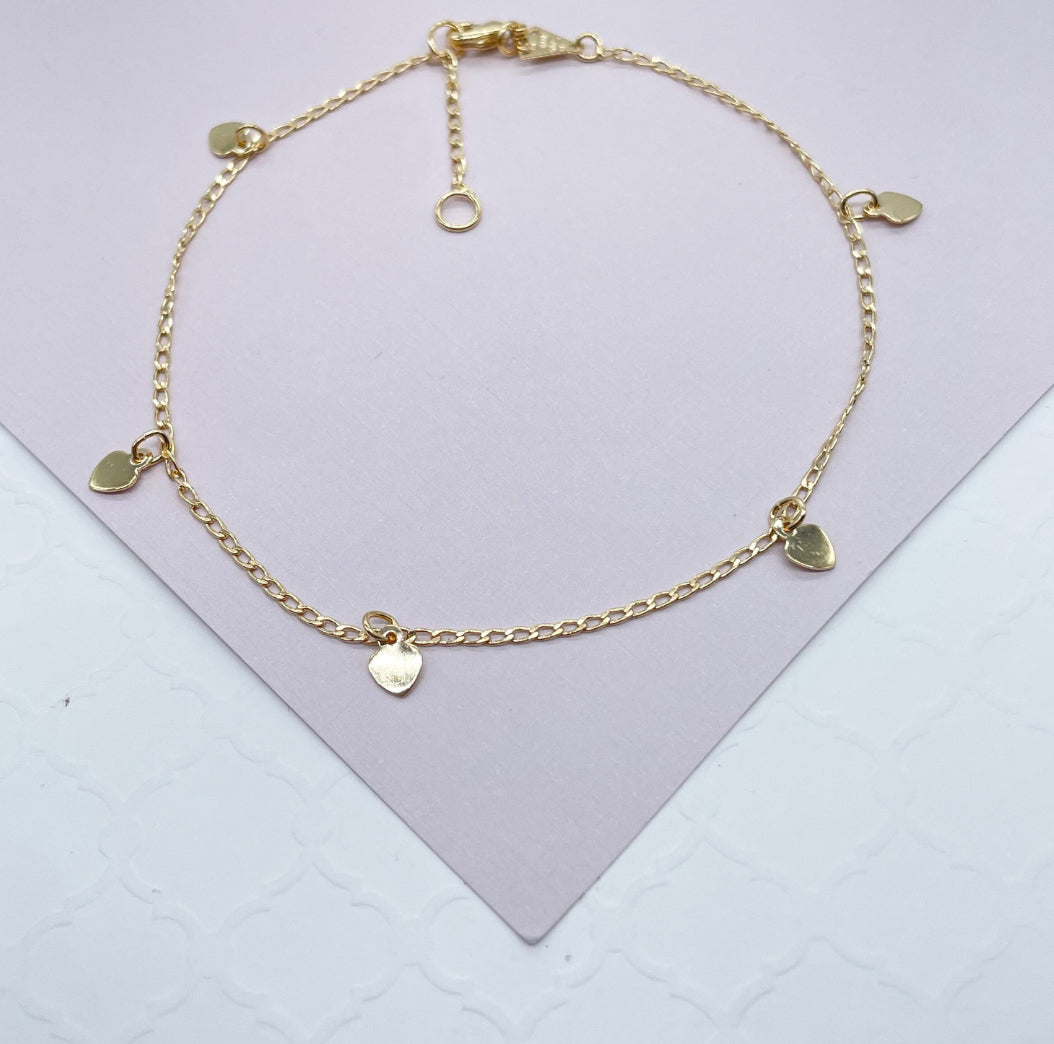 18k Gold Filled Charm Anklet Featuring Options In Heart or Leaves Wholesale
