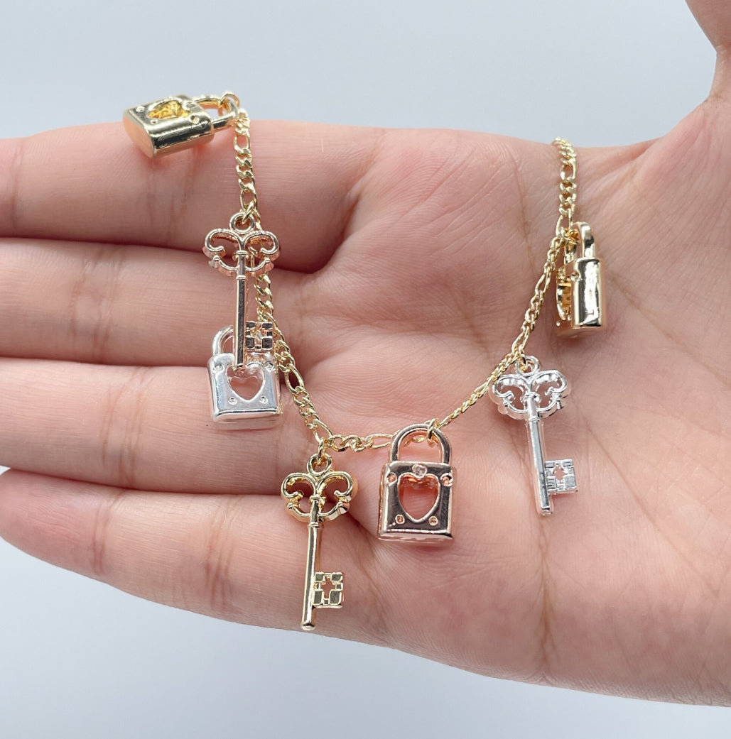 18k Gold Layered Tri-Color Lock & Key Charms Anklet