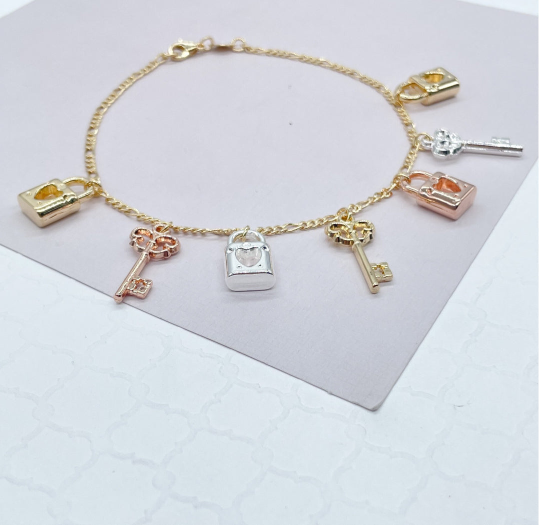 18k Gold Layered Tri-Color Lock & Key Charms Anklet