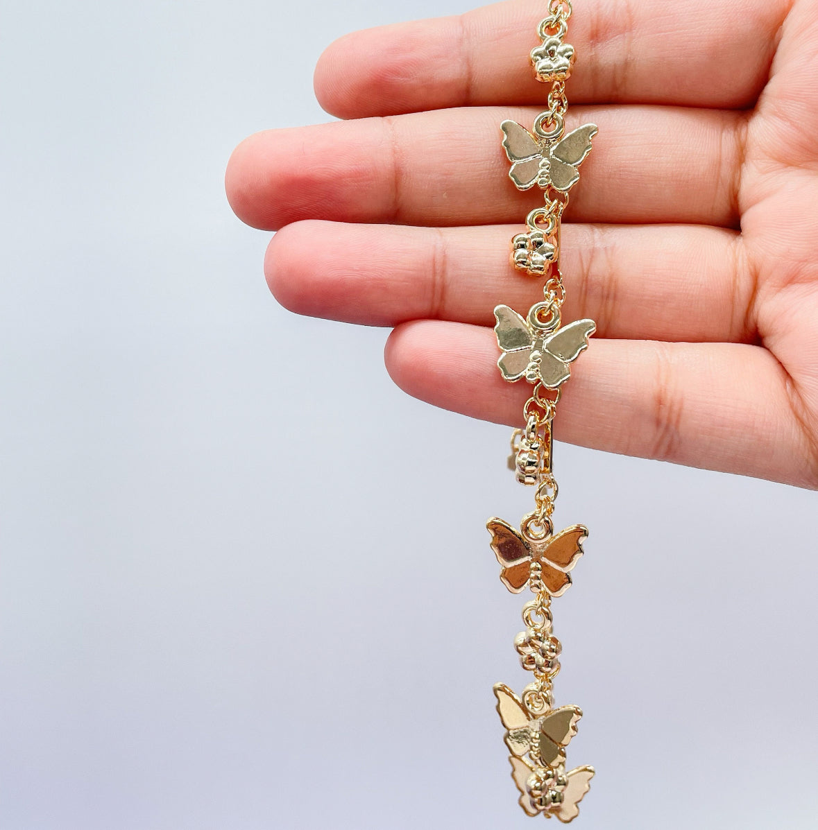 18k Gold Filled Dainty Link Ankle With Butterfly and Four Leaf Clover Charms