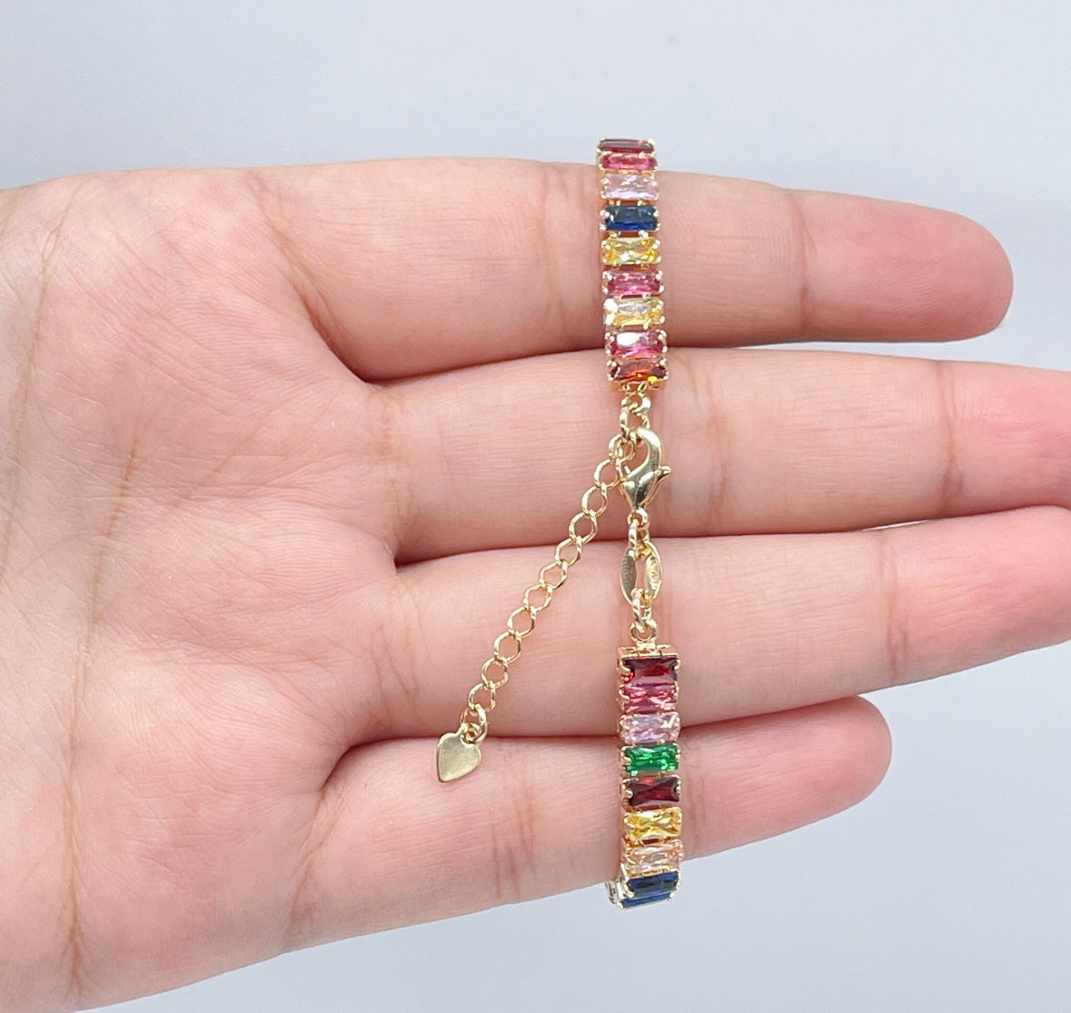 18k Gold Layered Anklet Featuring Colorful Baguette Cubic Zirconia