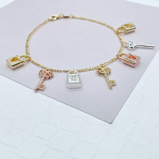 18k Gold Layered Tri-Color Lock & Key Charms Anklet