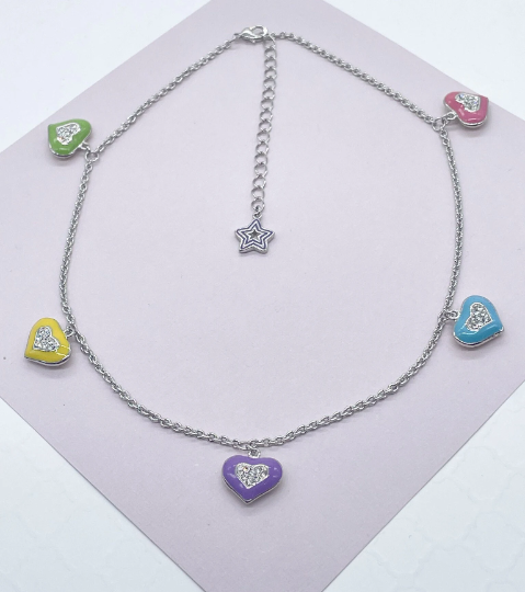 Silver Layered Necklace with Colorful Enamel Heart Charms
