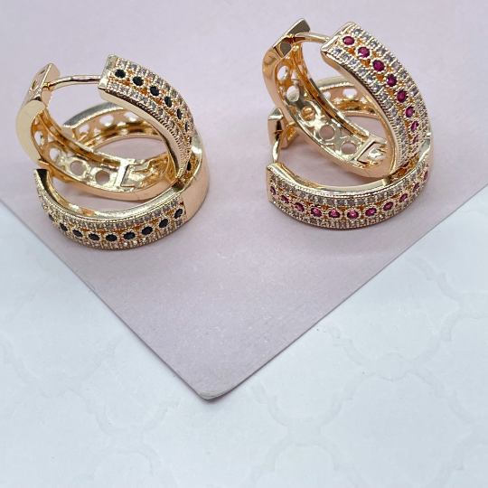18k Gold Filled Pave Hoops With 1 Row of colorful Stones