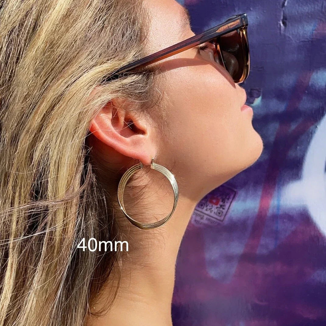 18k Gold Layered Four Layers Twisted 8mm Thick Hoop Earrings, Sizes 20mm, 30mm,