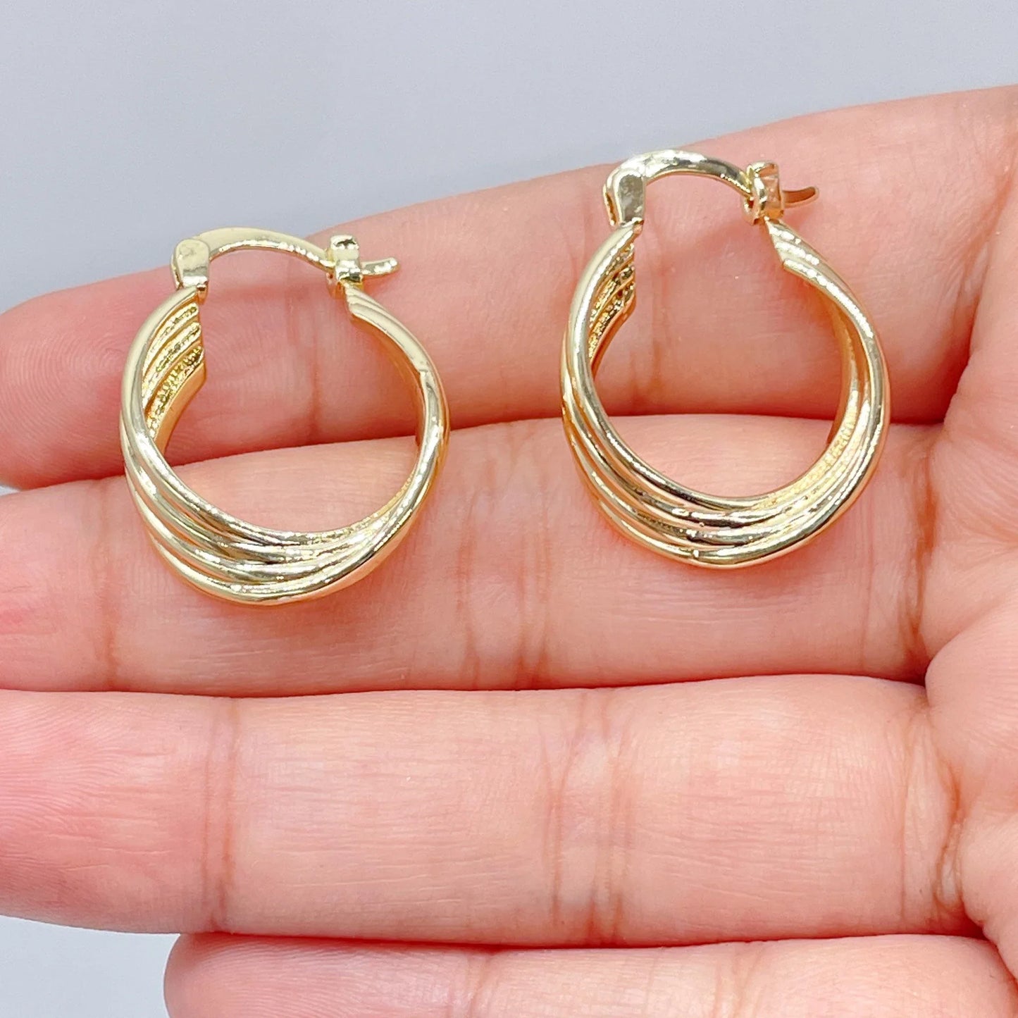 18k Gold Layered Four Layers Twisted 8mm Thick Hoop Earrings, Sizes 20mm, 30mm,