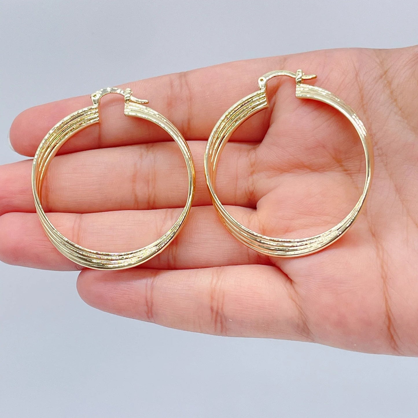 18k Gold Layered Four Layers Twisted 8mm Thick Hoop Earrings, Sizes 20mm, 30mm,