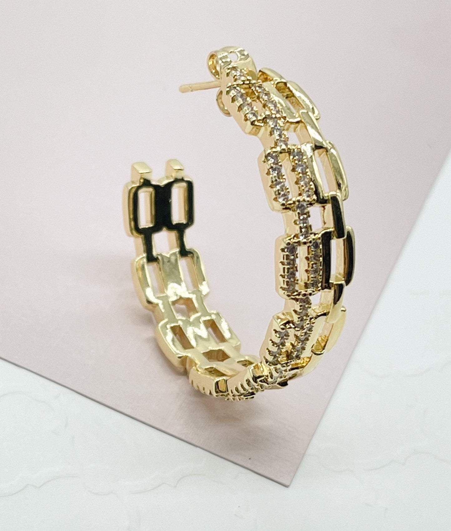 18k Gold Filled Chain Link Hoop Earrings Featuring Cubic Zirconia, Dainty Curb
