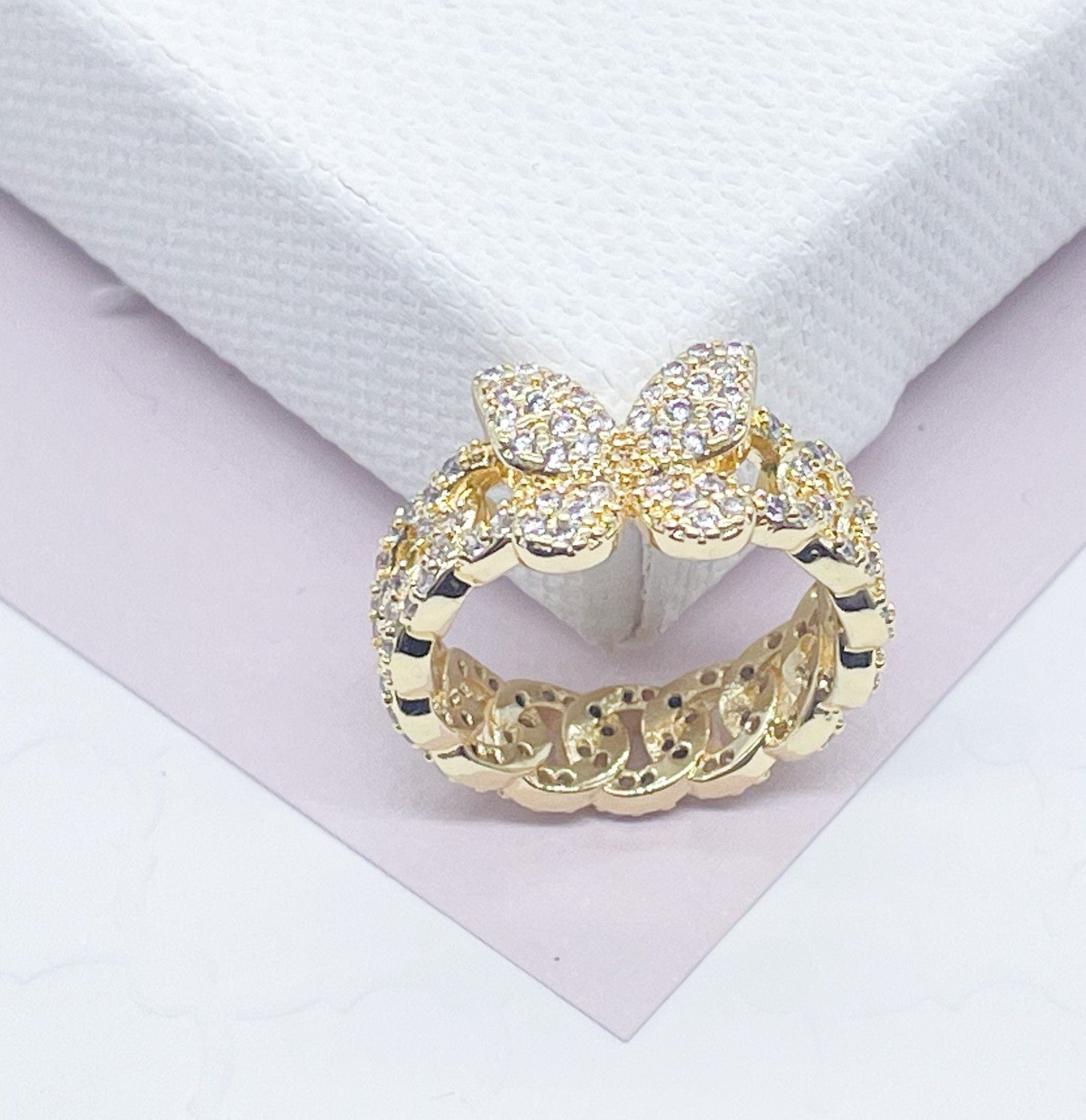 18K Gold Filled Butterfly Ring Featuring Micro Pave Cubic Zirconia Cuban Link