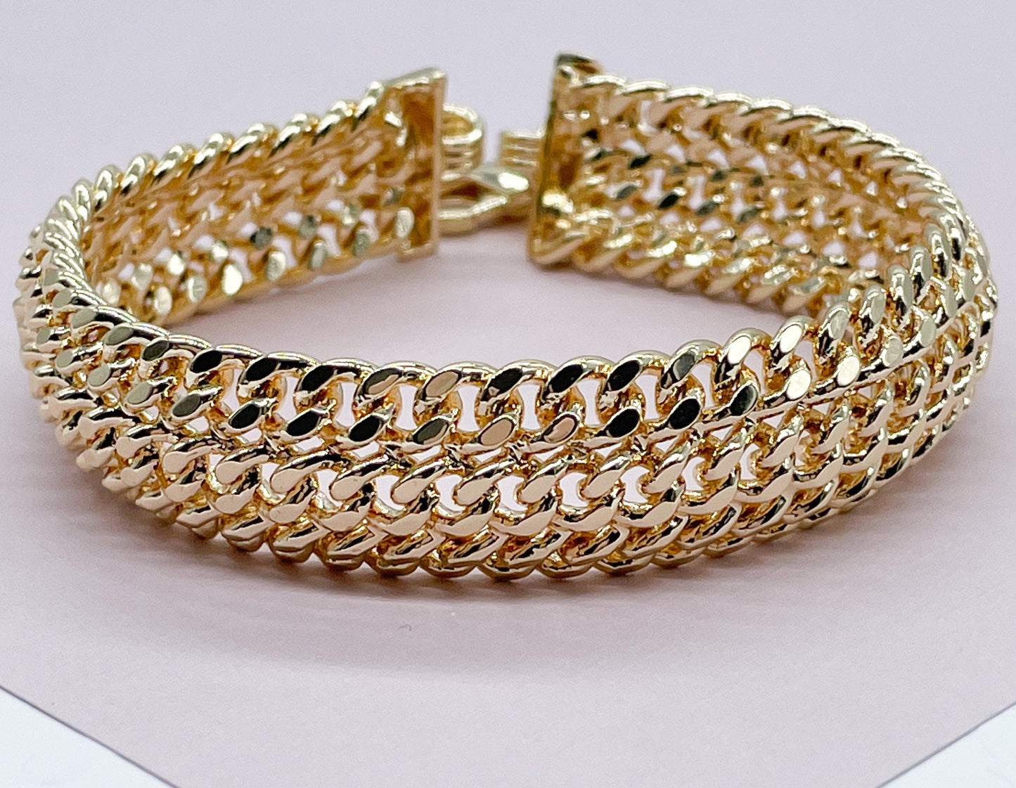 18K Gold Layered Thick Bracelet Feature Three Cuban Link Connected Side by Side