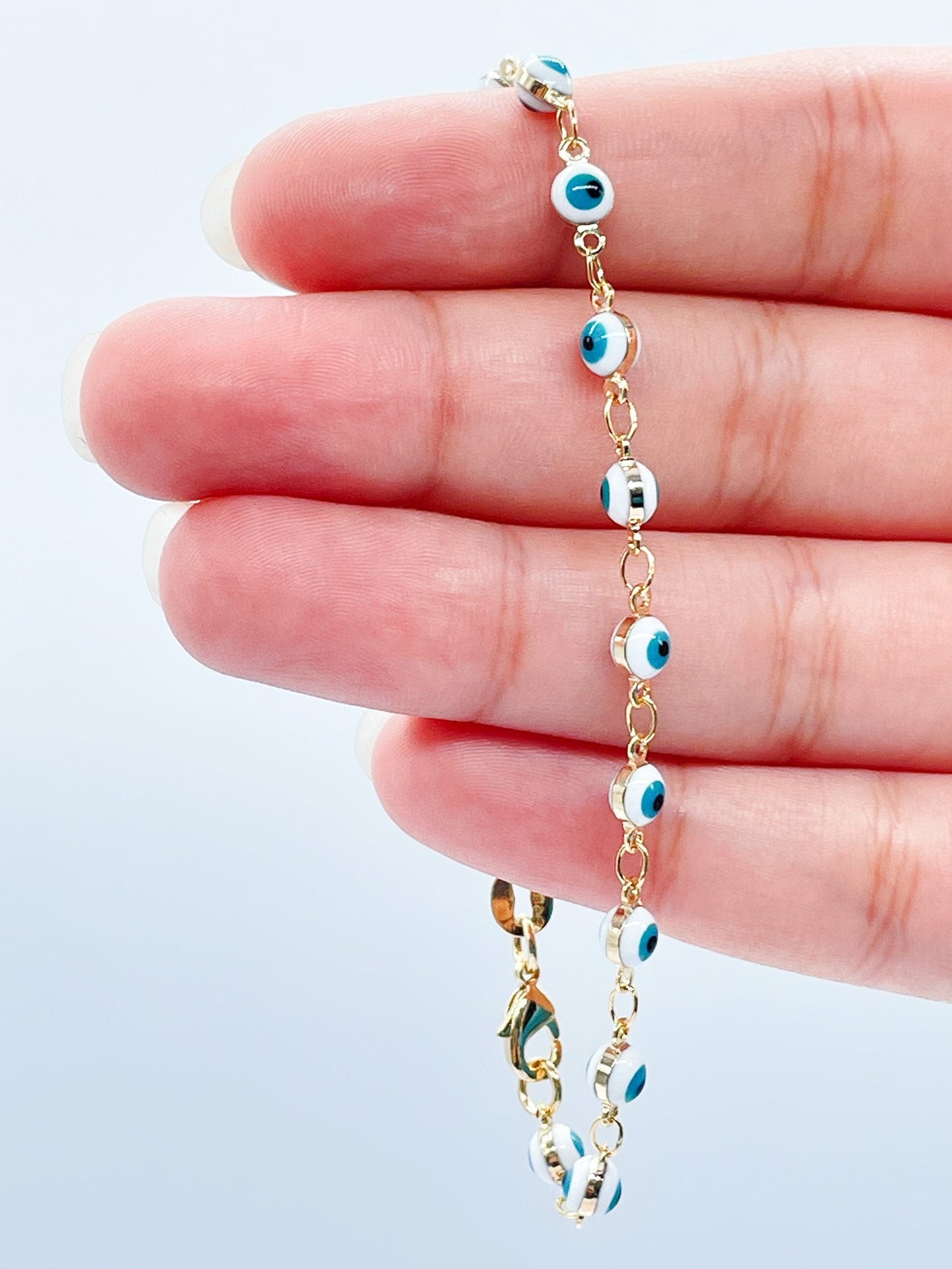18k Gold Filled 16 Small Blue Evil Eye Connected Bracelet Hypoallergenic Jewelry