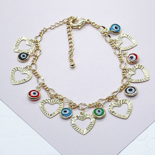 18k Gold Filled Charm Bracelet Featuring Seven Hearts and Seven Colorful Evil Eyes