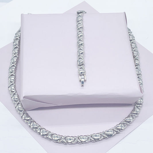 18k Gold Filled Heart Shape XOXO Set of Bracelet and Necklace Available in Gold, Silver or Tricolor - Gold, Rose Gold and Silver