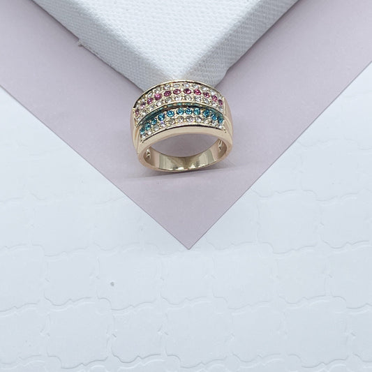 18k Gold Filled Colorful Patterned Ring Featuring Light Blue, Magenta And Clear Cubic Zirconia