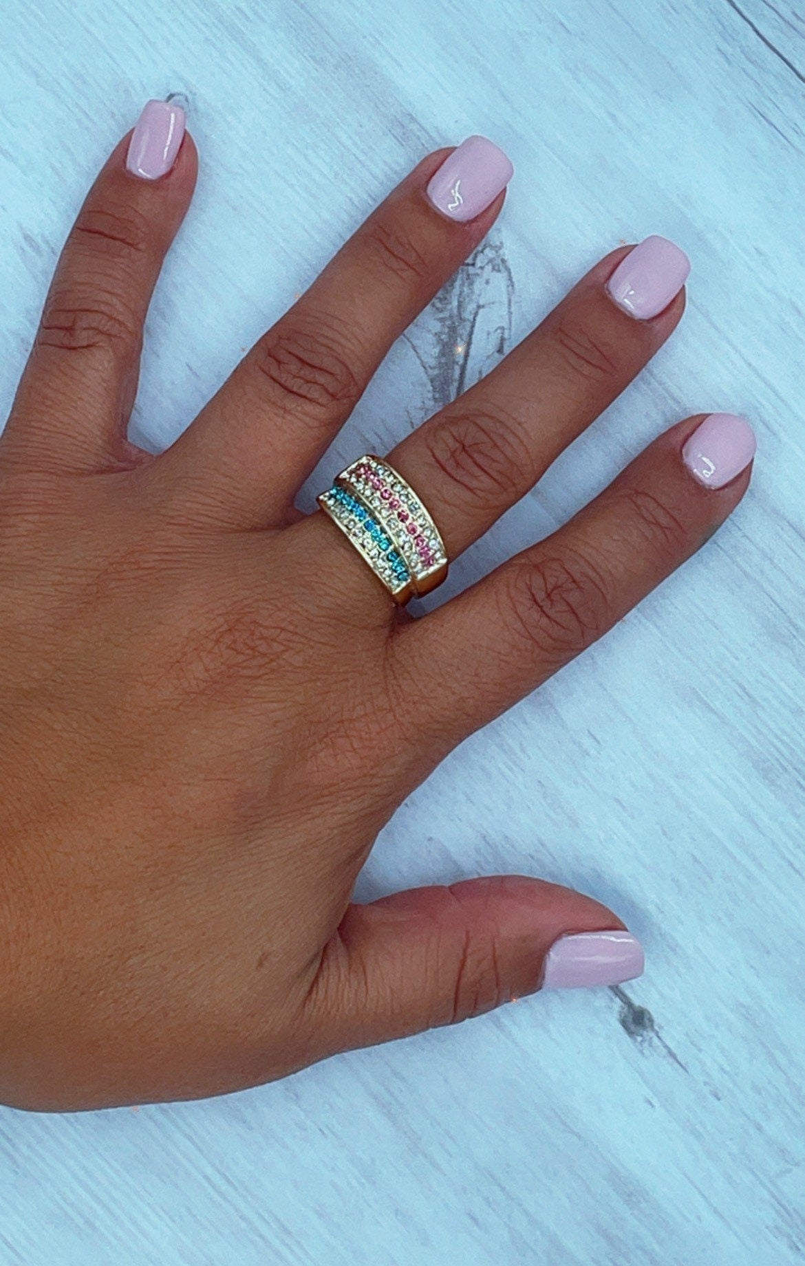 18k Gold Filled Colorful Patterned Ring Featuring Light Blue, Magenta And Clear Cubic Zirconia