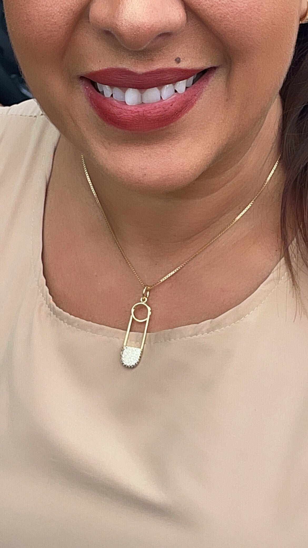 18k Gold Filled Designed Safety Pin Charm Featuring Cubic Zirconia In Micro Pave