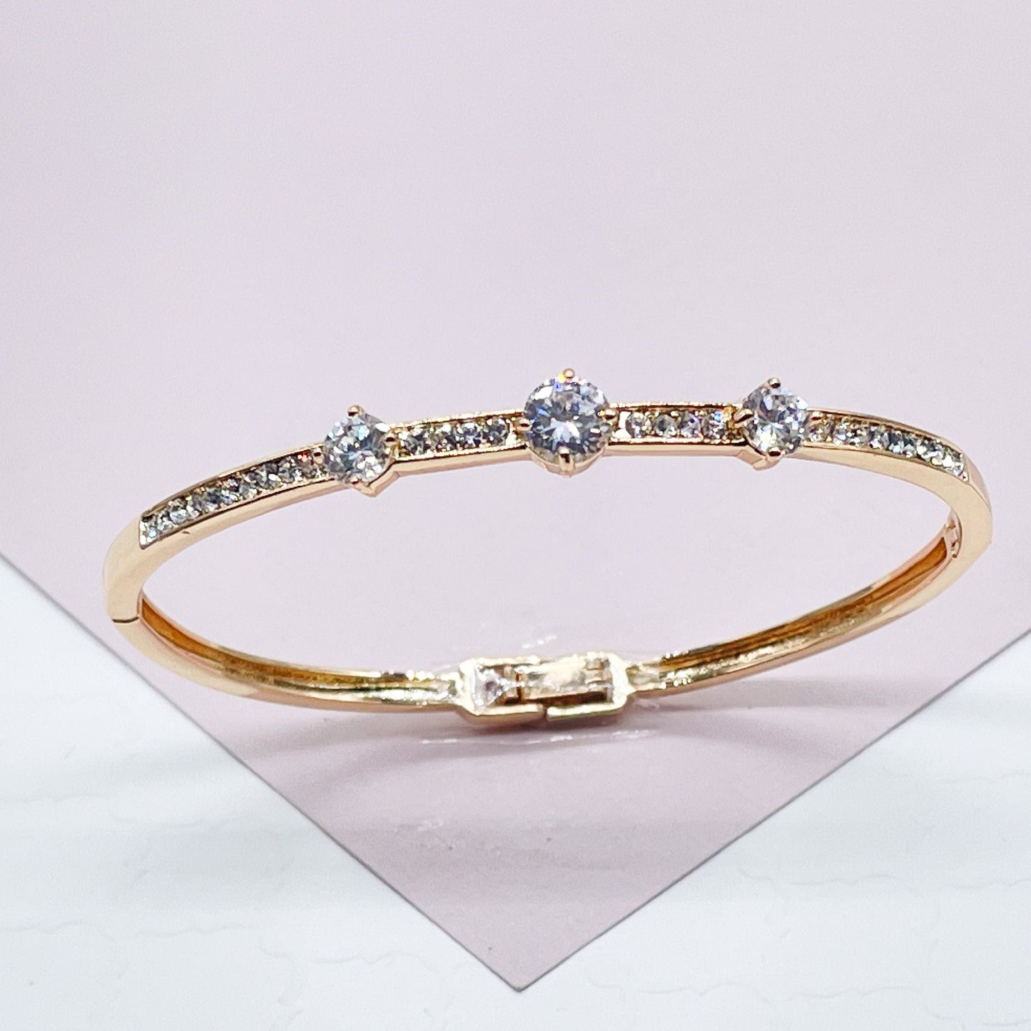 Luxurious 18k Gold Layered Hinged A Safety Clasp Bangle Featuring Three Large