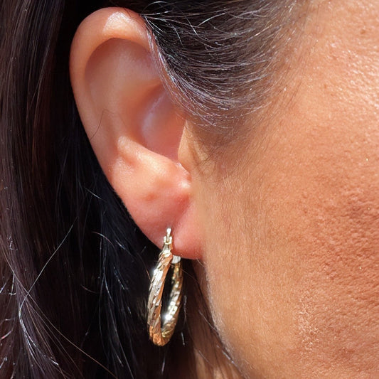 18k Gold Filled Small Rugged Textured Hoop Earring Medium Size 25mm the