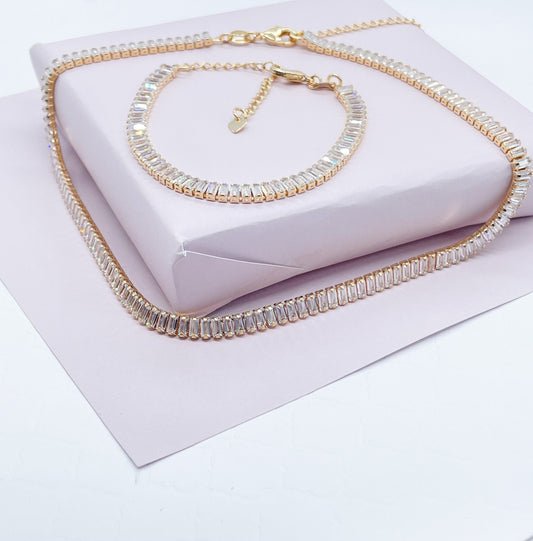 18k Gold Filled Baguette Cubic Zirconia Choker Necklace and Bracelet Set