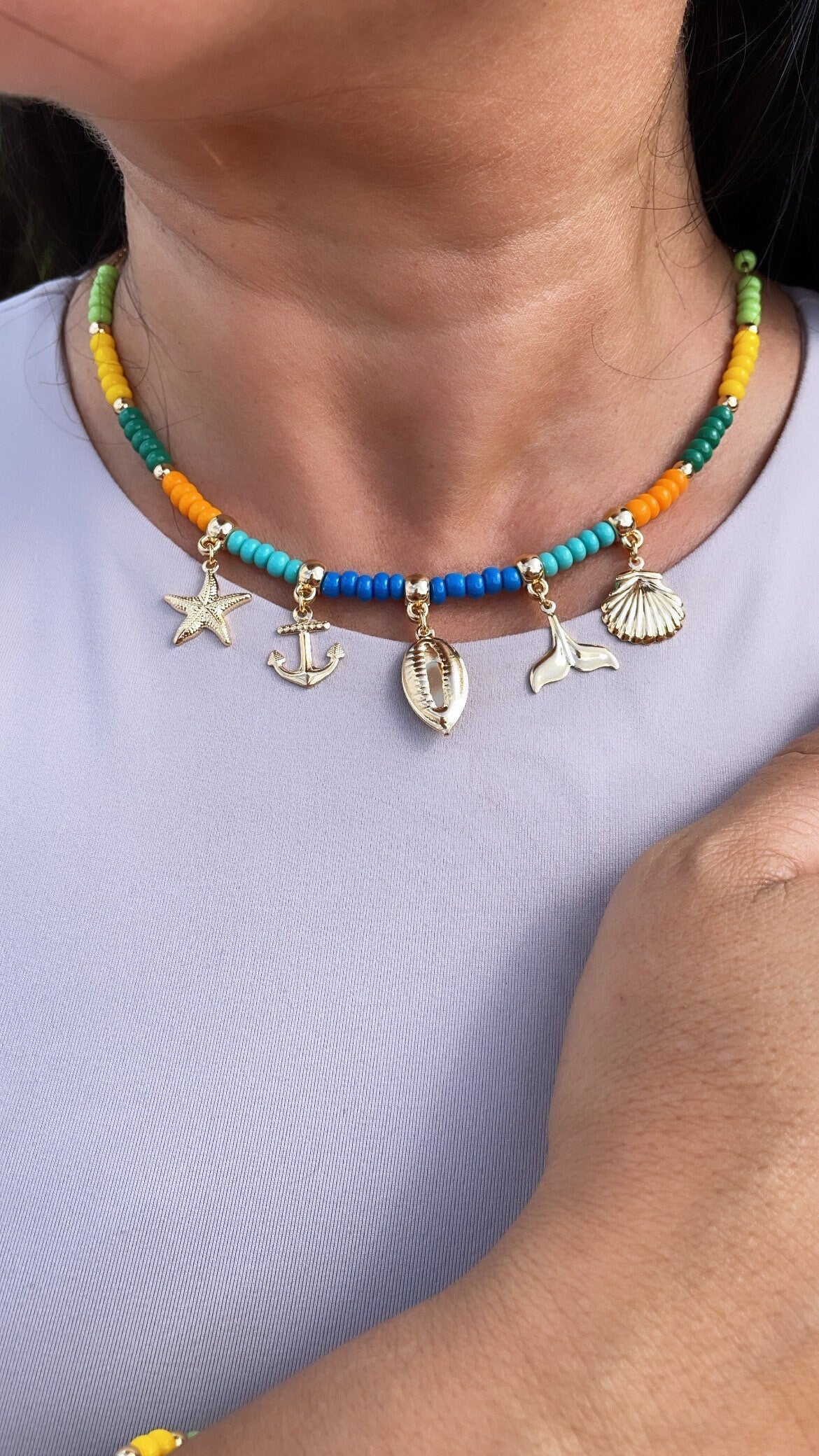 18k Gold Filled Beaded Charm Set: Sea Shell, Starfish, Anchor