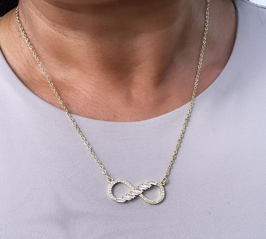 18k Gold Filled Infinity Baguete And Micro Pave Zirconia Set Necklace And Earrings