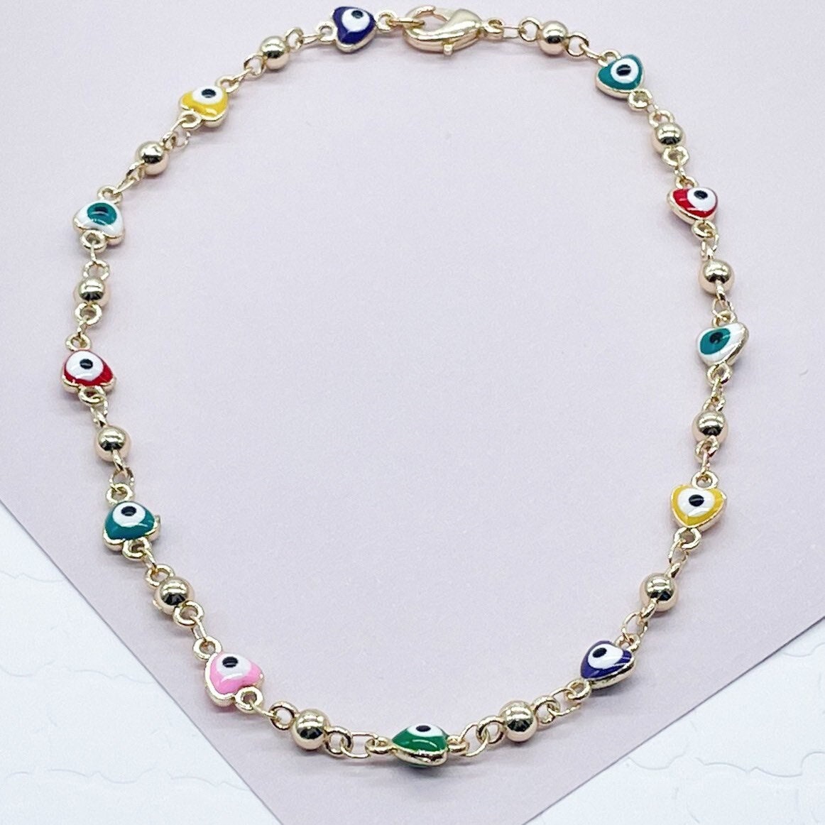 18k Gold Layered Colorful Heart Shape Evil Eye Anklet