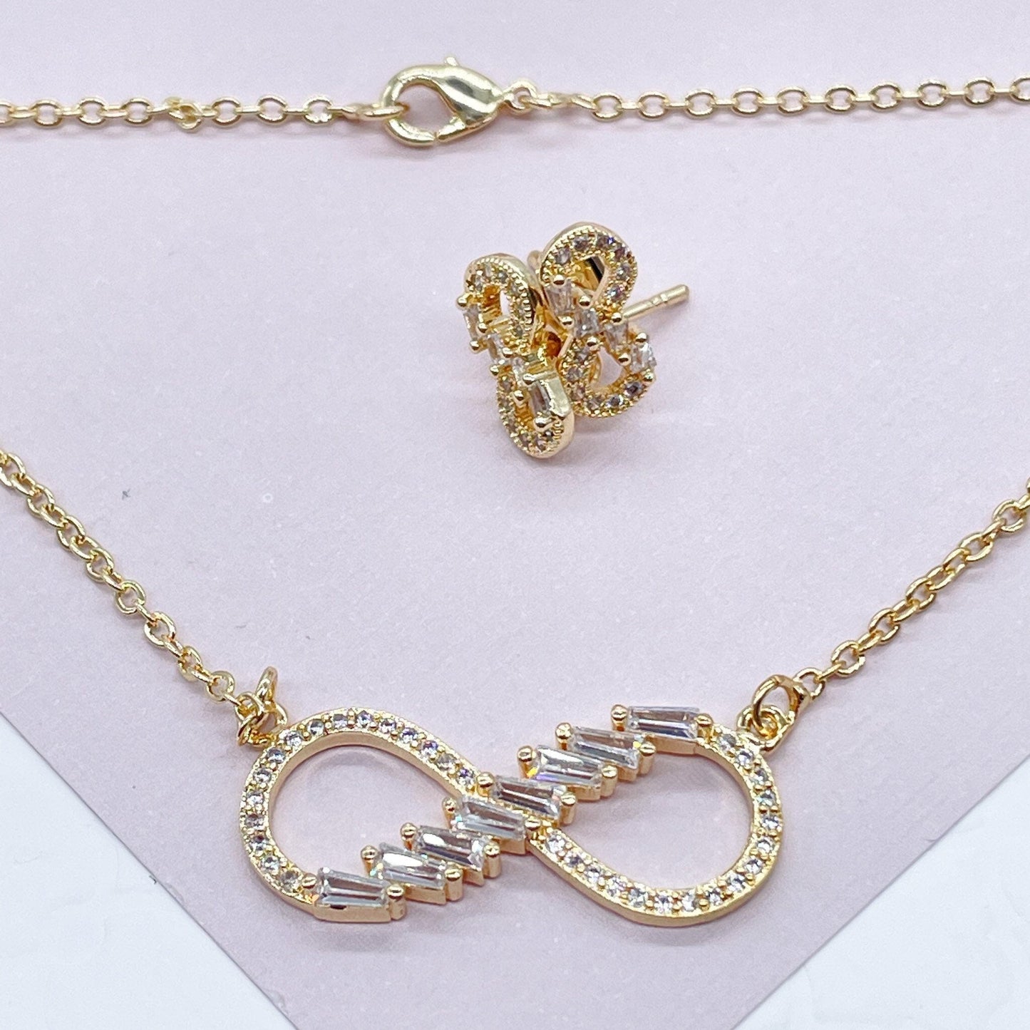 18k Gold Layered Infinity Baguete And Micro Pave Zirconia Set Necklace And
