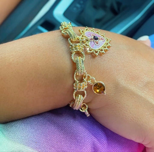 18k Gold Filled Charm Bracelet: Enamel, Cross, Heart, Crystals