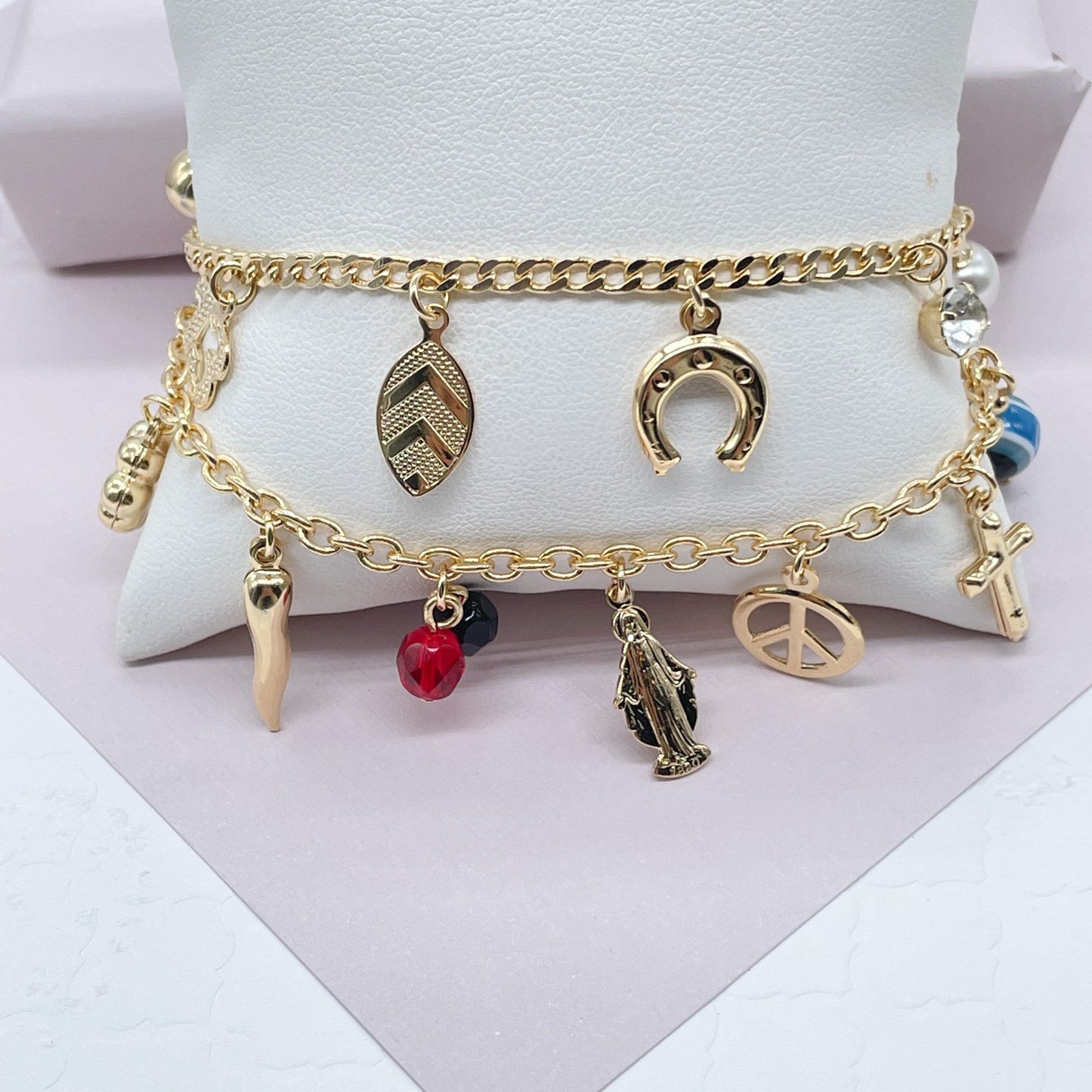 18k Gold Filled Luck Charms Bracelet Protection, Good Luck, Money Prosperity Featuring Evil Eyes, "Figa", Clover, Crystals, Guadalupe