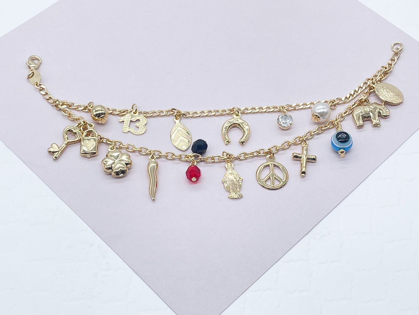 18k Gold Filled Luck Charms Bracelet Protection, Good Luck, Money Prosperity Featuring Evil Eyes, "Figa", Clover, Crystals, Guadalupe