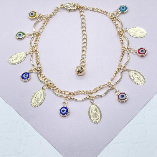 18k Gold Filled Guadalupe & Evil Eye Charm Bracelet