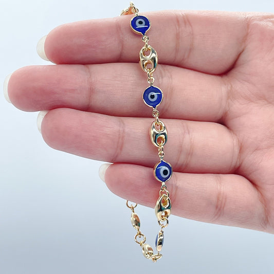 18k Gold Filled Mariner Link Mixed Blue & / or Red Eye Bracelet And Necklace Set