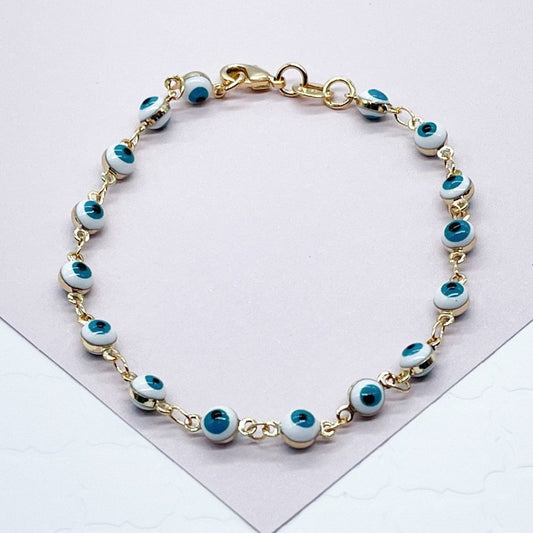 18k Gold Filled 16 Small Blue Evil Eye Connected Bracelet Hypoallergenic Jewelry