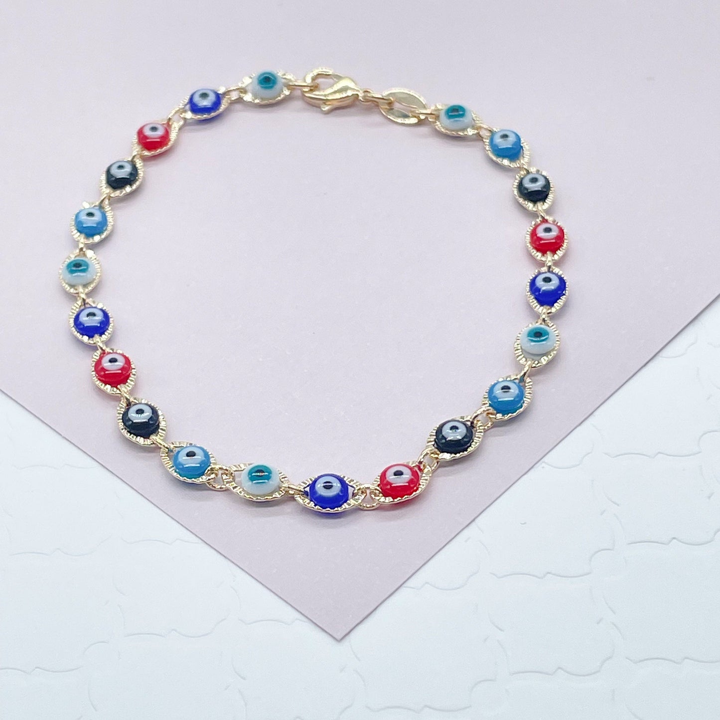 18k Gold Filled Multi Color Evil Eye Bracelet Necklace Set