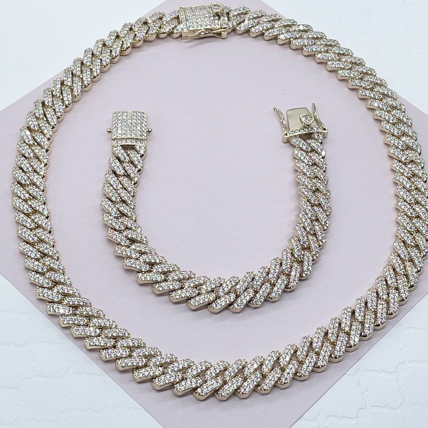 18k Gold Filled Hip Hop Luxury Micro Pave Cubic Zirconia Bling Set Miami Cuban