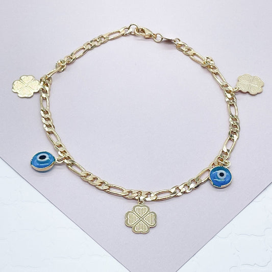 18k Gold Filled Evil Eye Clover Anklet - Figaro Chain