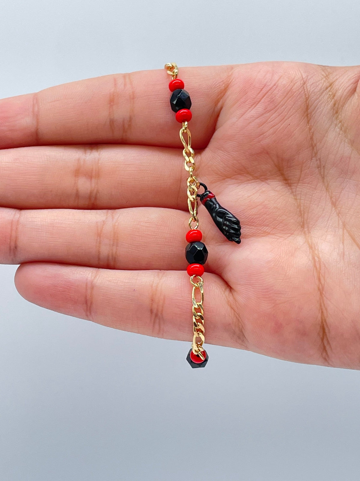 18k Gold Filled Figa Hand Bracelet: Black Azabache Stone, Figaro Chain