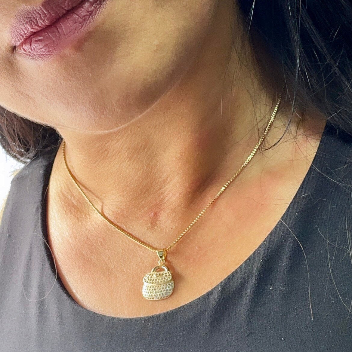 18k Gold Filled Purse Charm with Micro Pave Cubic Zirconia Gold CZ Bag Pendant