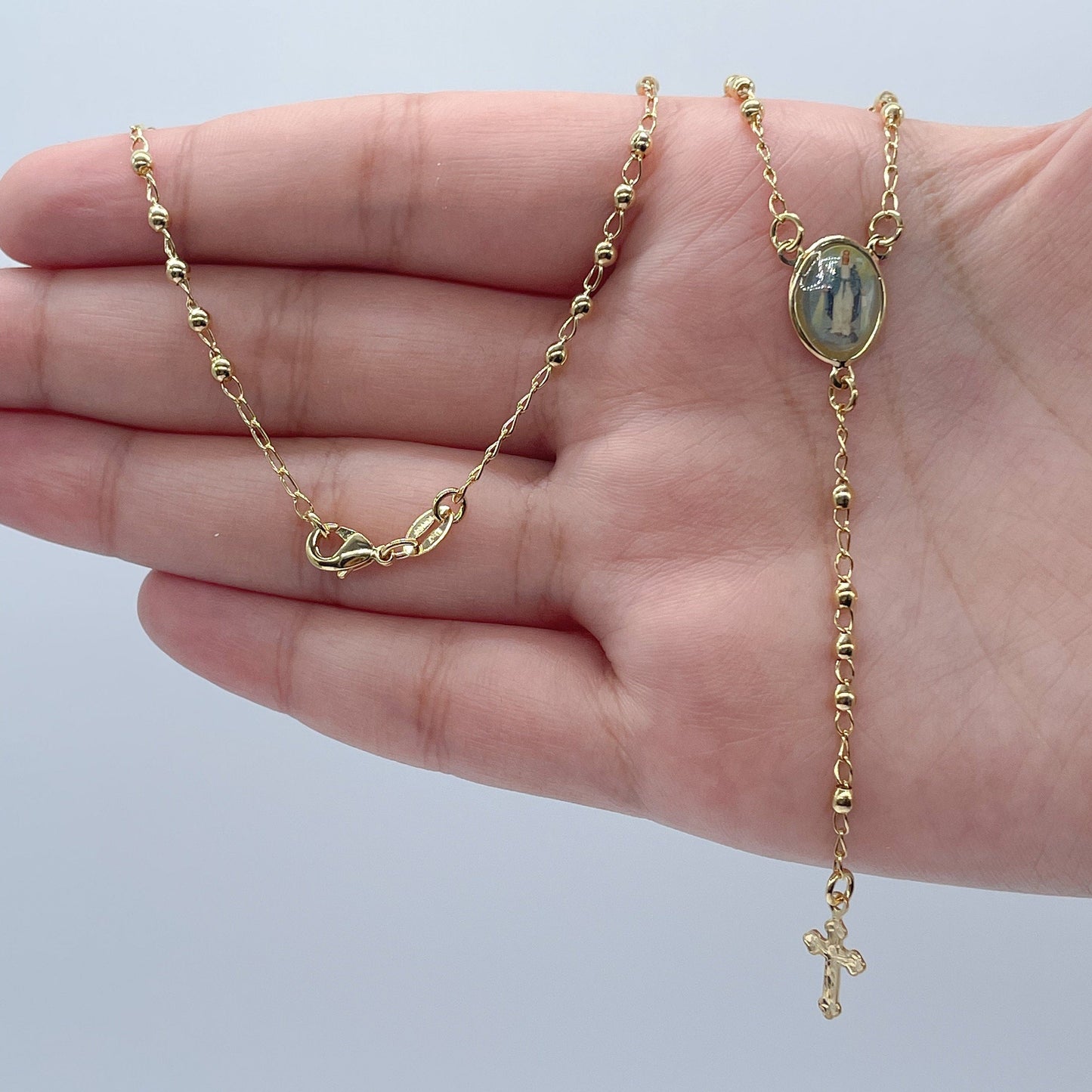 18k Gold Filled Rosary Necklace: Virgin Mary Image, Trendy Jewelry