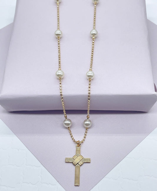 18k Gold Layered Cream Pearl Rosary Style Necklace, Fashion Catholic Pearl Rosary