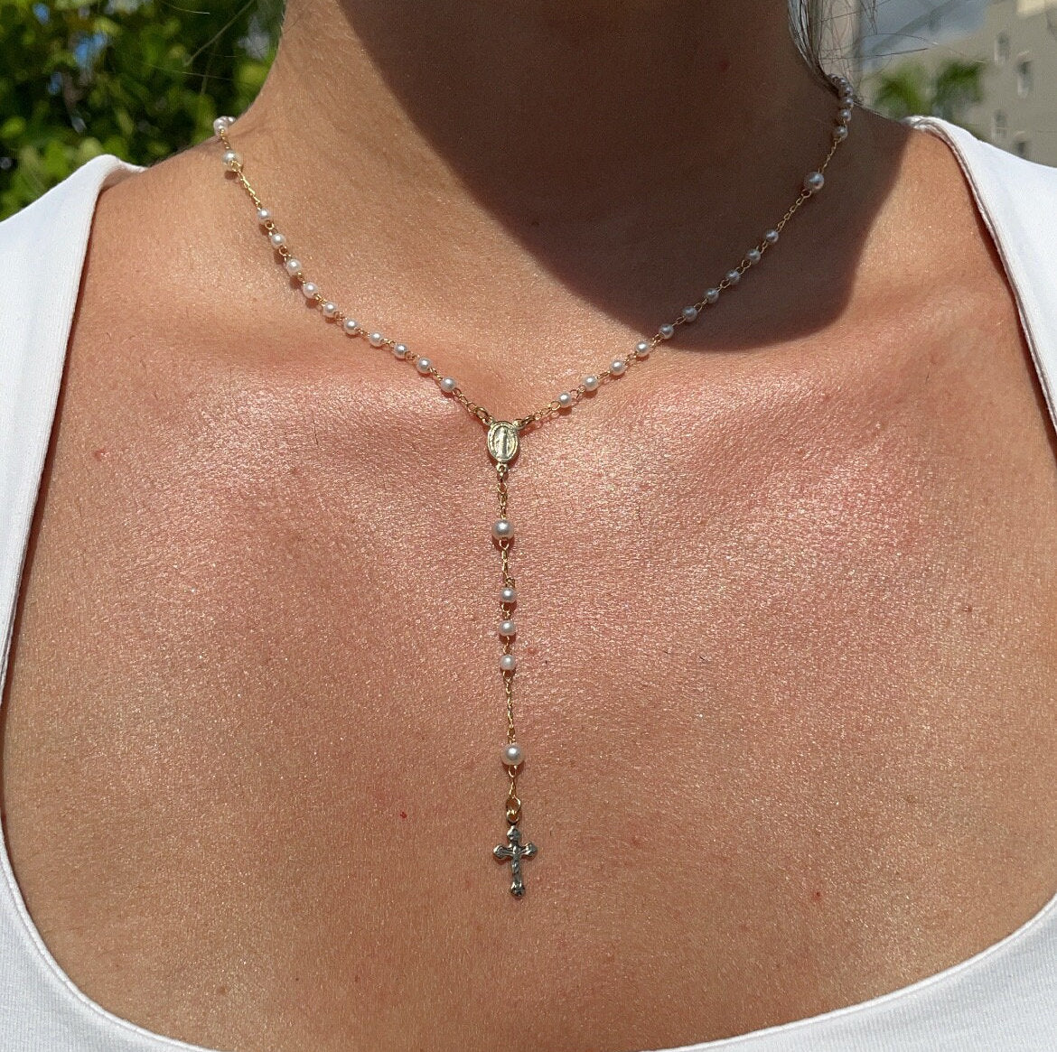 18k Gold Filled White Simulated Pearl Beaded Rosary With Small Lady of Grace Medal and Tiny Cross