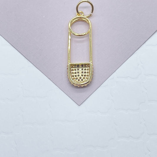 18k Gold Filled Designed Safety Pin Charm Featuring Cubic Zirconia In Micro Pave