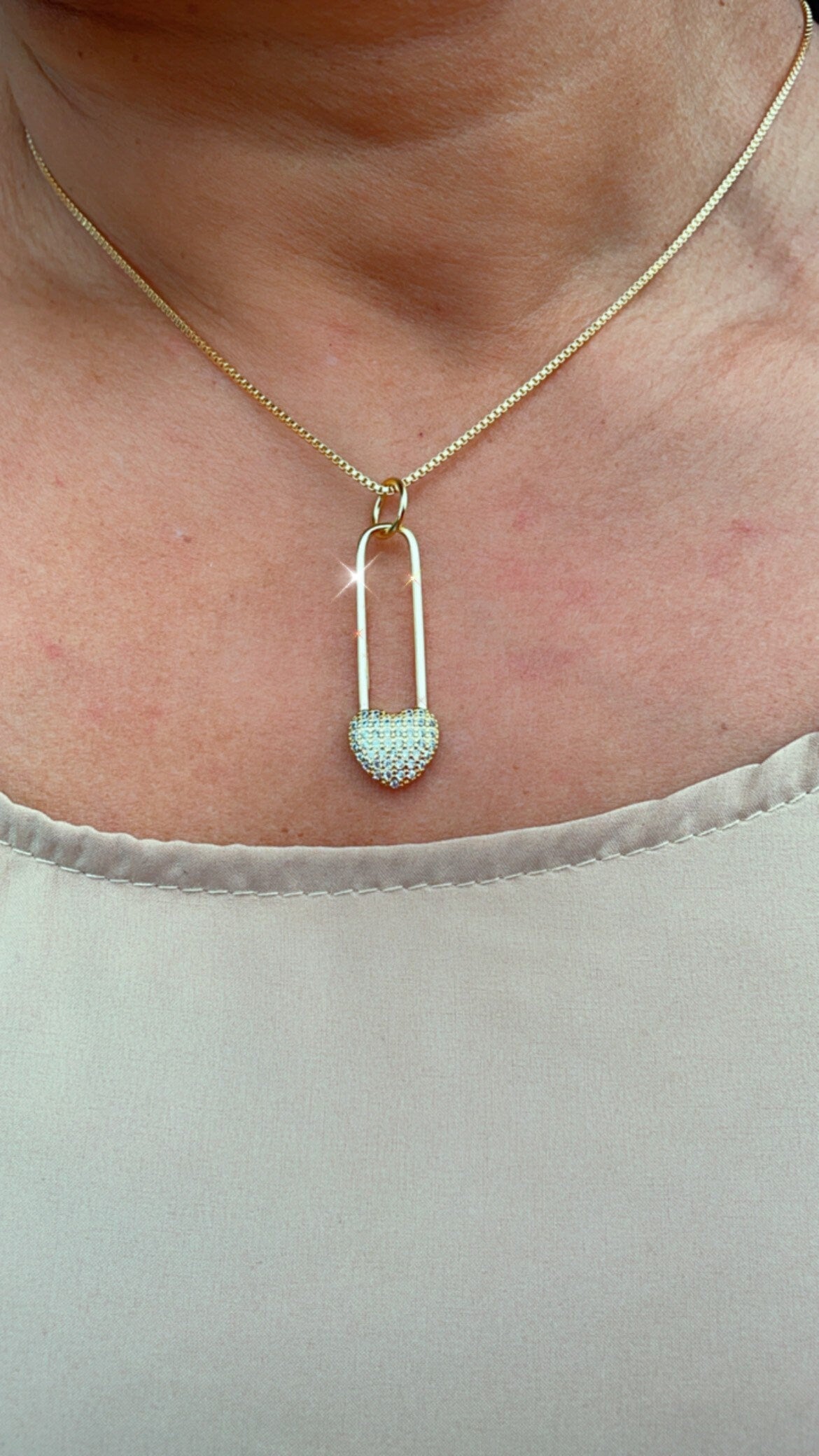18k Gold Filled Heart Safety Pin Charm: Micro Pave Cubic Zirconia Pendant