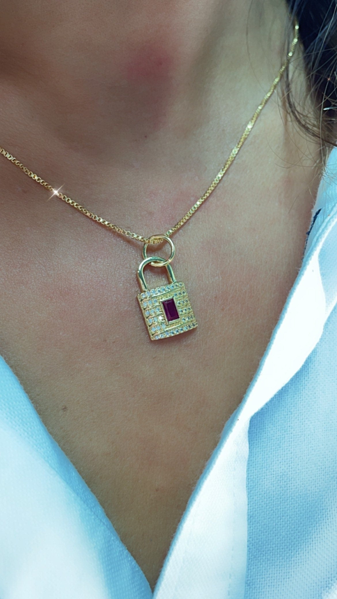 18k Gold Filled Lock Charm: Micro Pave Cubic Zirconia, Synthetic Ruby Pendant