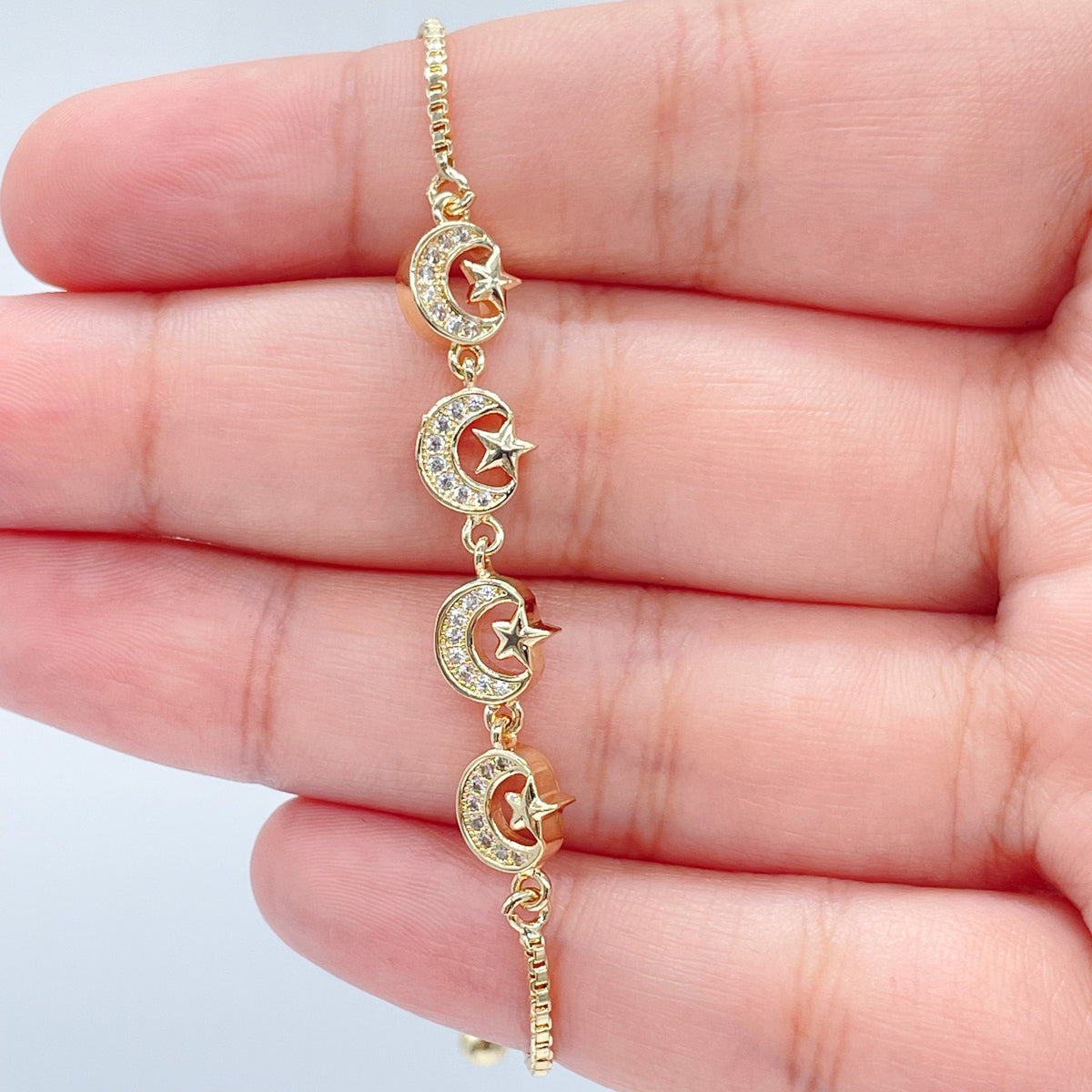 18k Gold Filled Moon and Star Bracelet: Cubic Zirconia Adjustable Box Chain