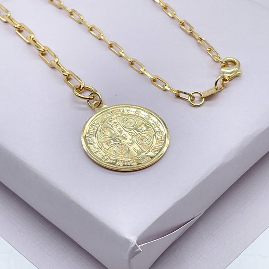 18k Gold Filled Paper Clip Chain Necklace Featuring Large Saint Benedict Pendant, San Benito Medalla Charm In Lariat Necklace