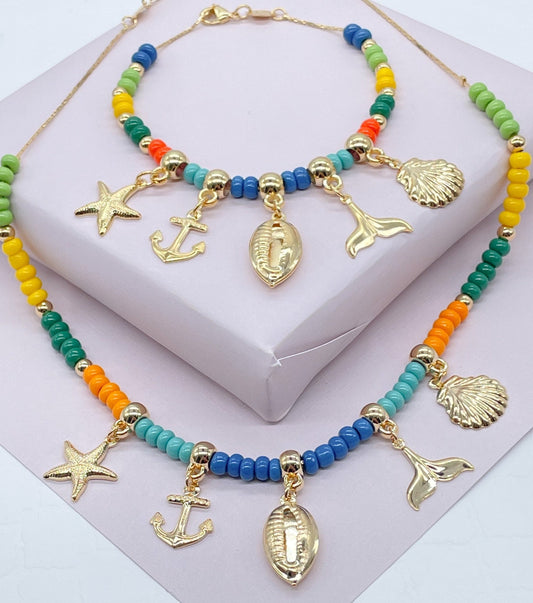 18k Gold Filled Colorful Beads Sea Inspired Charm Set Bracelet n Necklace Marine