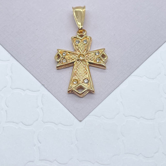 18k Gold Filled 1” Length Cross Pendant Charm with Cubic Zirconia, Religious Jewelry,