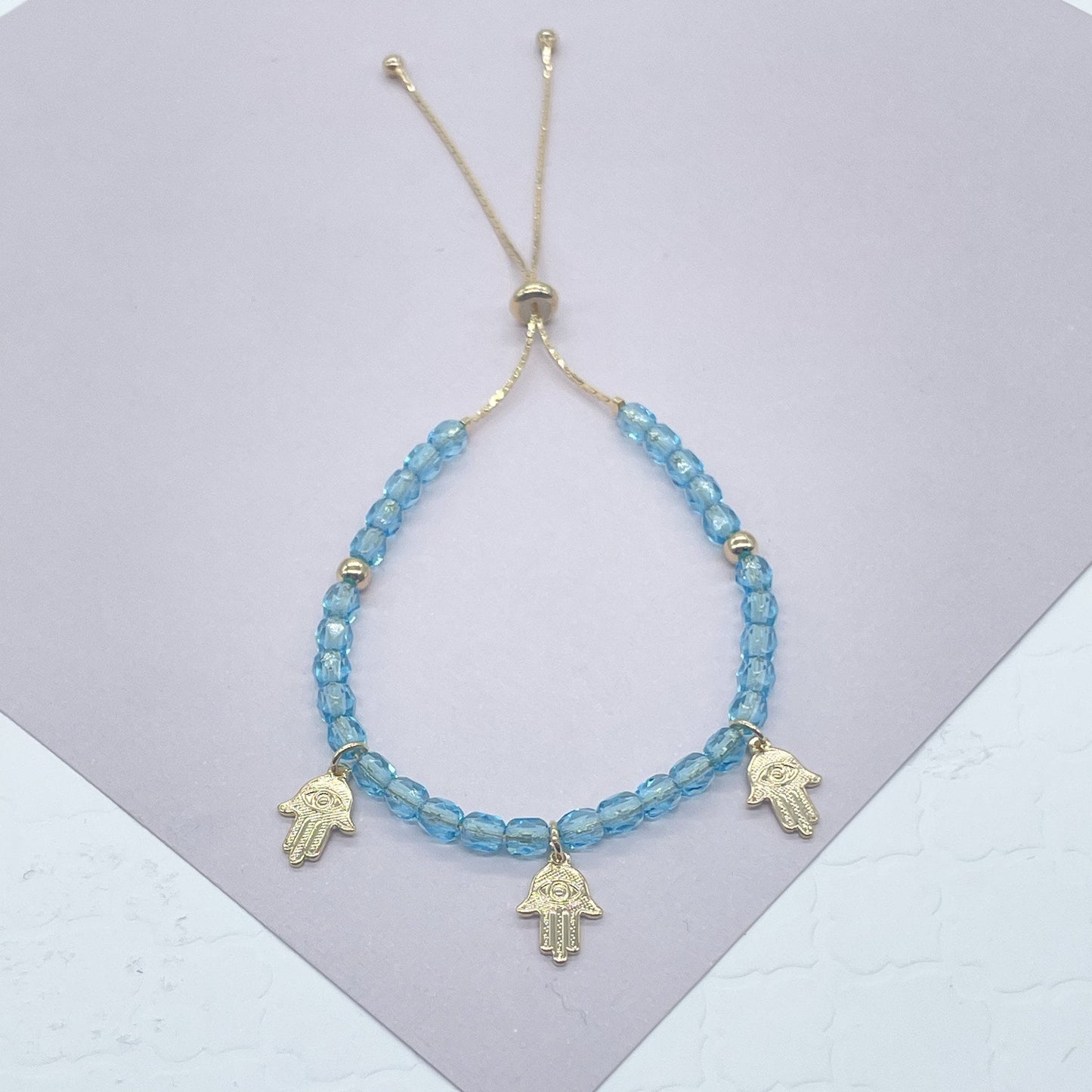 Slide Clasp 18k Gold Filled Colorful Beaded And Hamsa Charm Bracelet, Protection Adjustable Dainty Bracelet